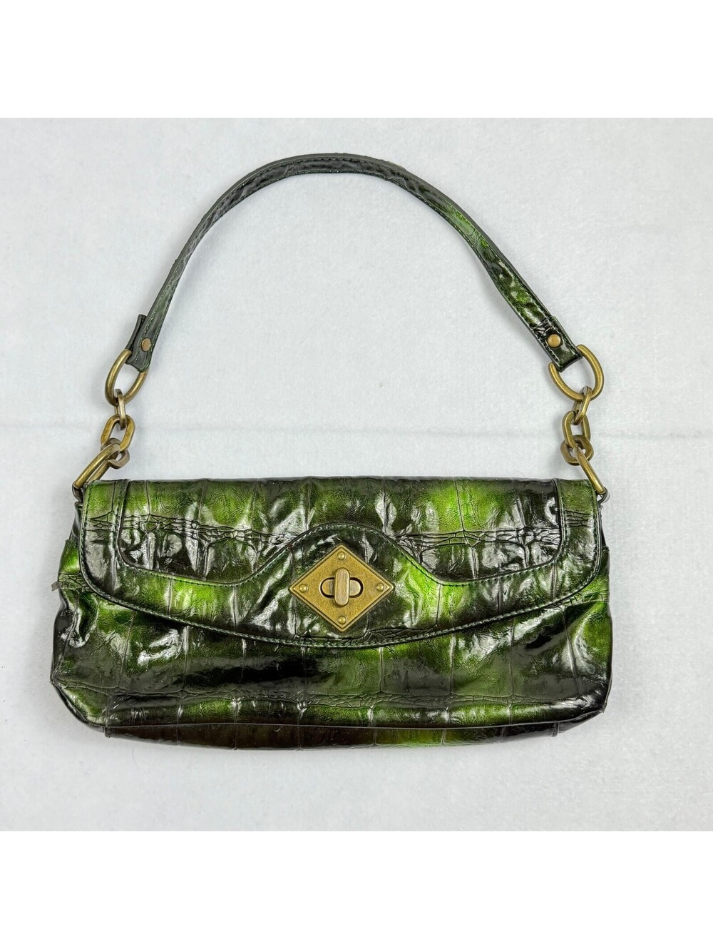 Metallic Green Croc Embossed Patent Shoulder Bag Antique Brass Turn Lock Y2K